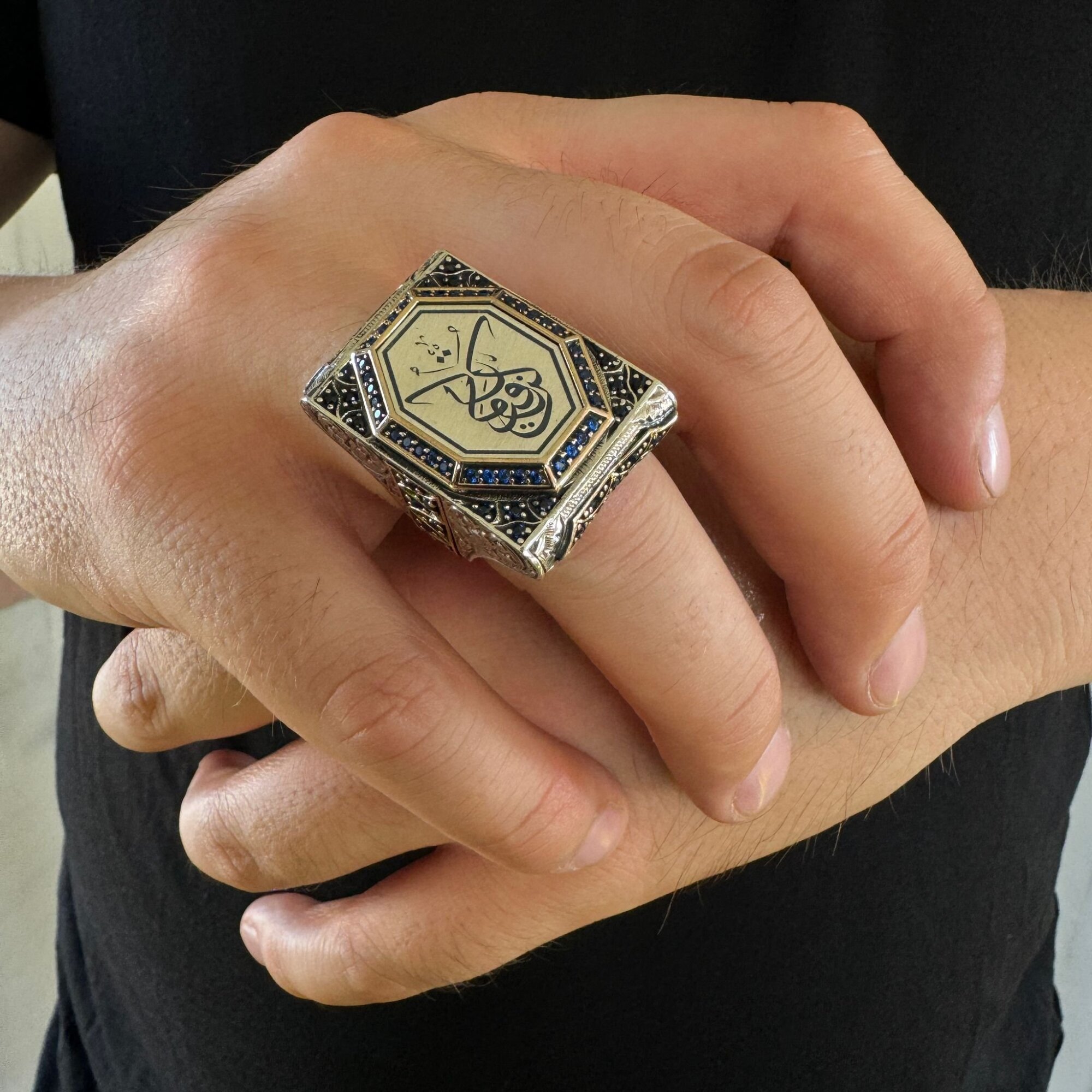 925 Ayar Gümüş Kün Fe Yekun Yazılı Dualı Usta İşi Erkek Yüzük - 4
