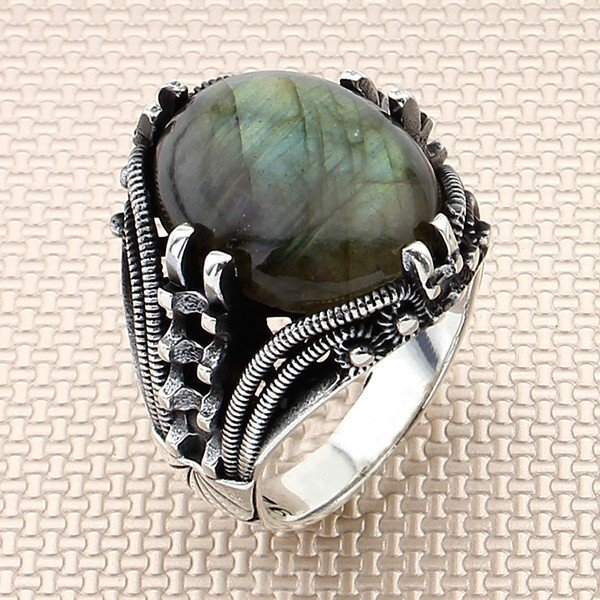 925 Ayar Gümüş Labradorit Taşlı Oval Kasa Erkek Yüzük - 1