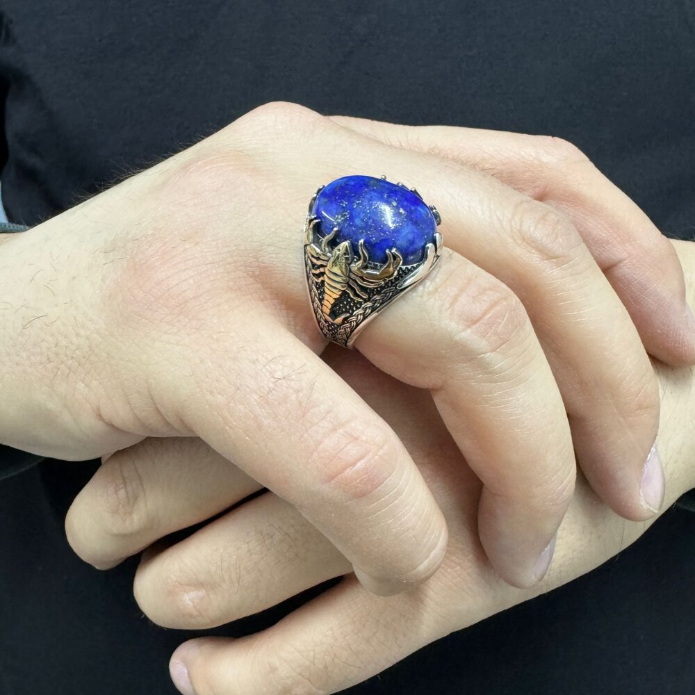 925 Ayar Gümüş Lapis Taşlı Akrep Motifli Erkek Yüzük - 3