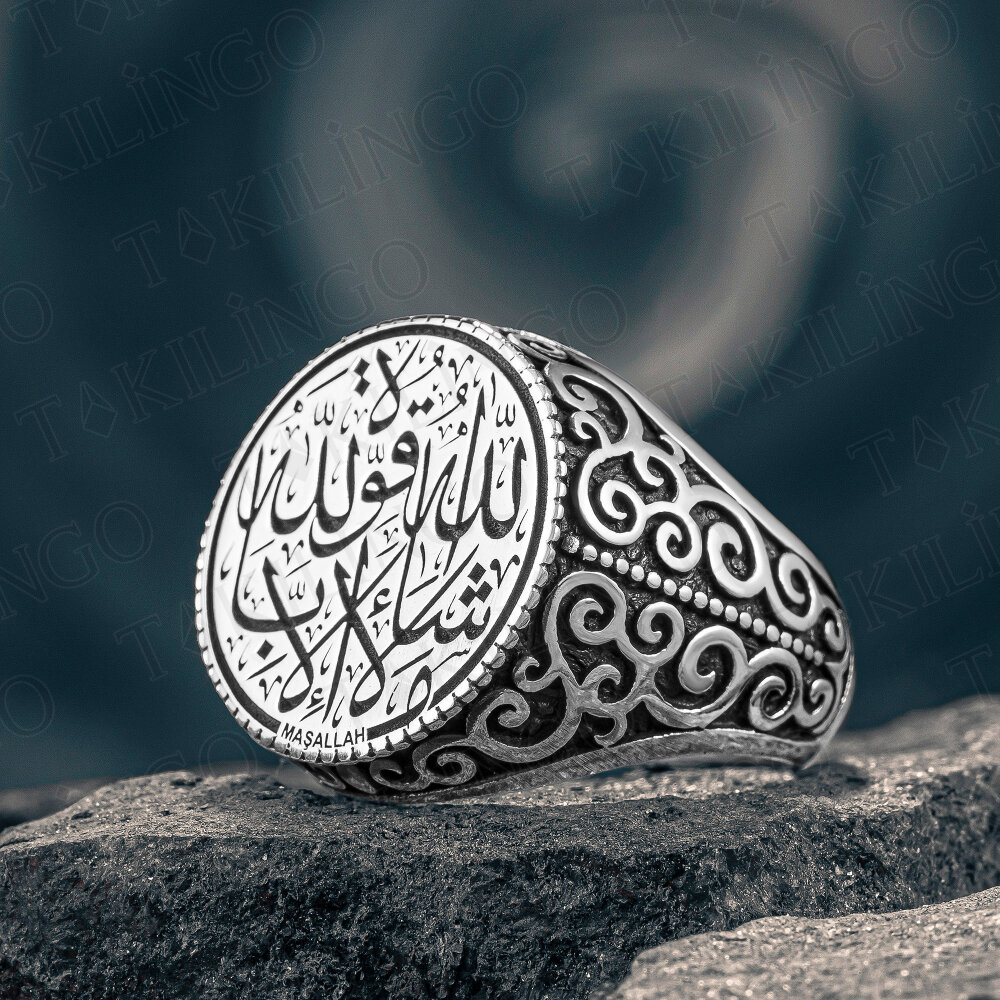 925 Ayar Gümüş Maşallah Yazılı Yuvarlak Kasa Taşsız Erkek Yüzük