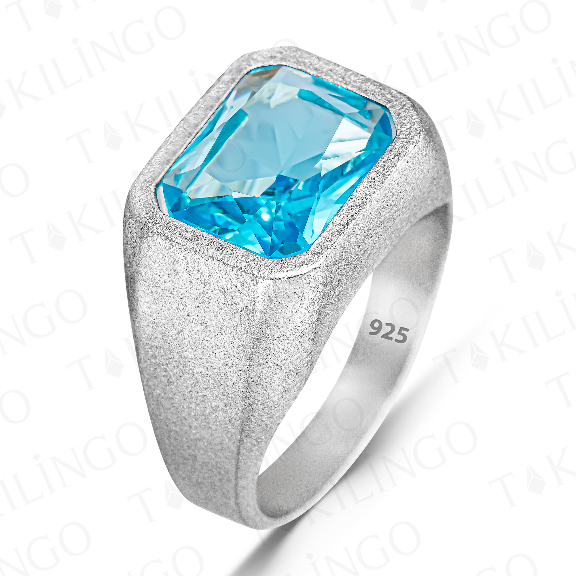 925 Ayar Gümüş Mavi Akuamarin Taşlı Sade Erkek Yüzük - 2