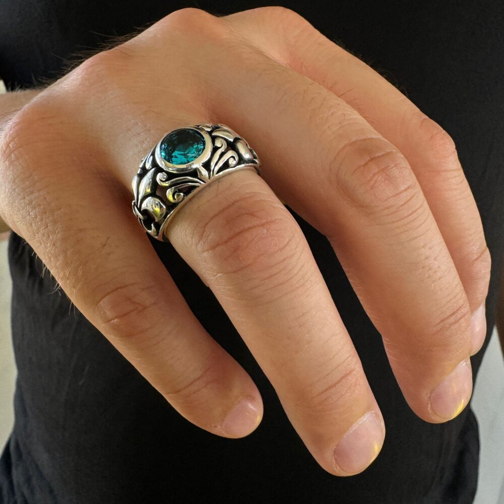 925 Ayar Gümüş Mavi Aquamarine Taşlı Zambak Motifli Zarif Erkek Yüzük - 3