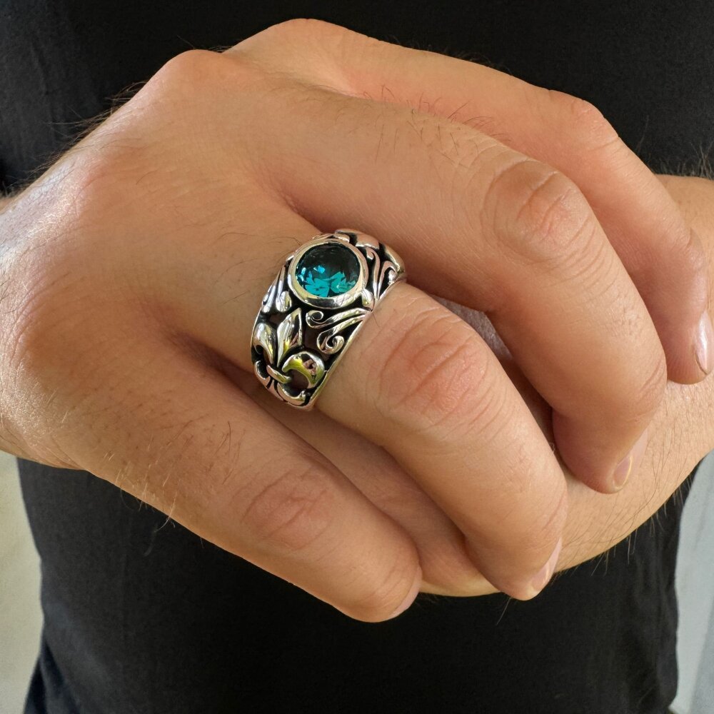 925 Ayar Gümüş Mavi Aquamarine Taşlı Zambak Motifli Zarif Erkek Yüzük - 4