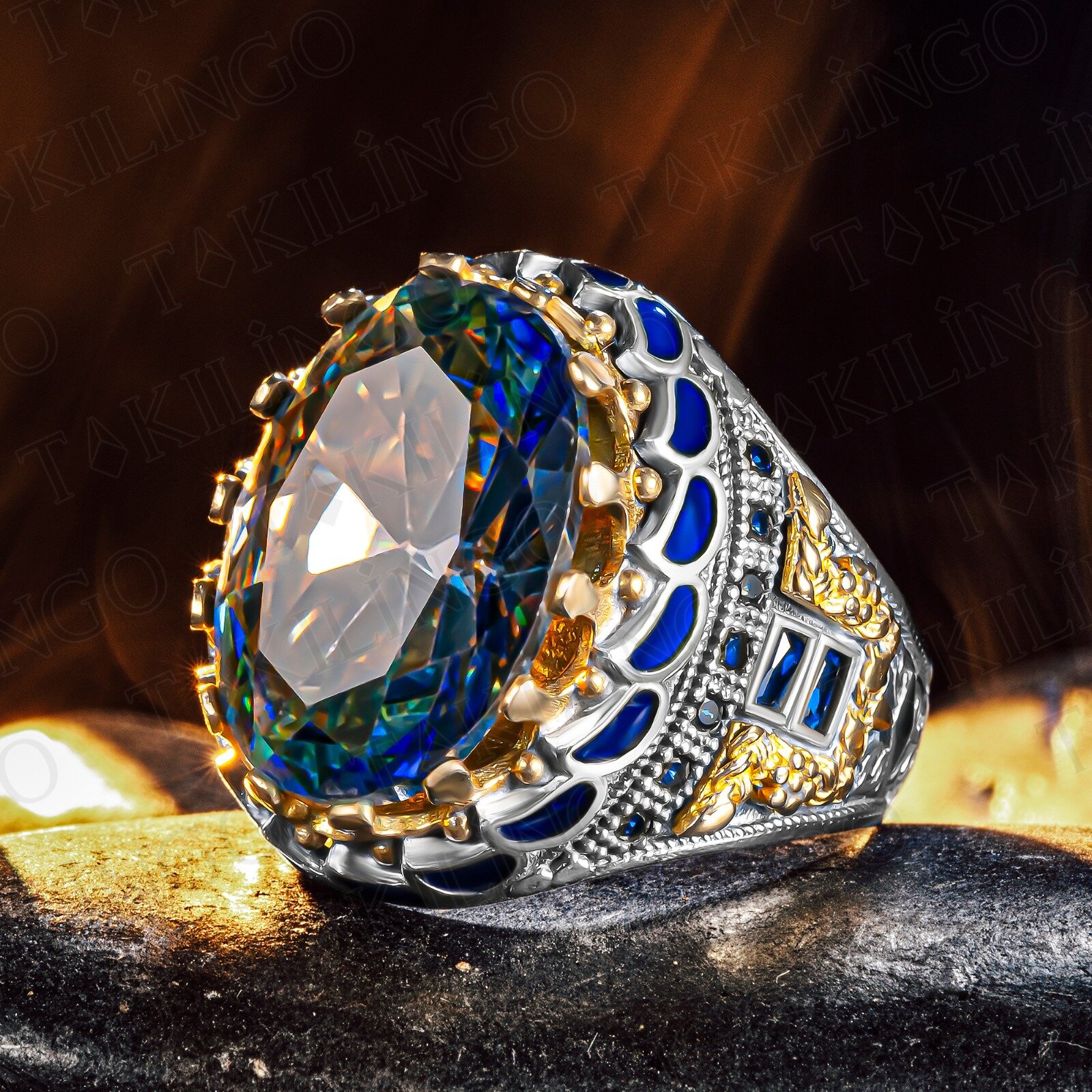 925 Ayar Gümüş Mavi Topaz Taşlı Zirkon Taş Detaylı Erkek Yüzük - 1