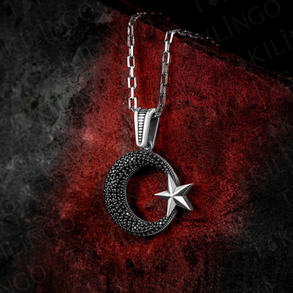 925 Ayar Gümüş Mikro Zirkon Taşlı Ayyıldız Motifli Usta İşi Erkek Kolye