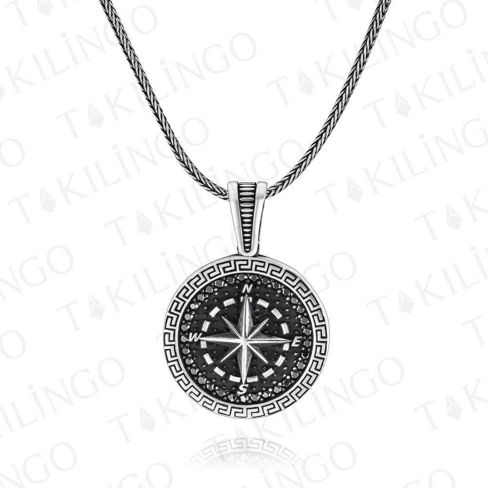 925 Ayar Gümüş Mikro Zirkon Taşlı Pusula Motifli Erkek Kolye - 2