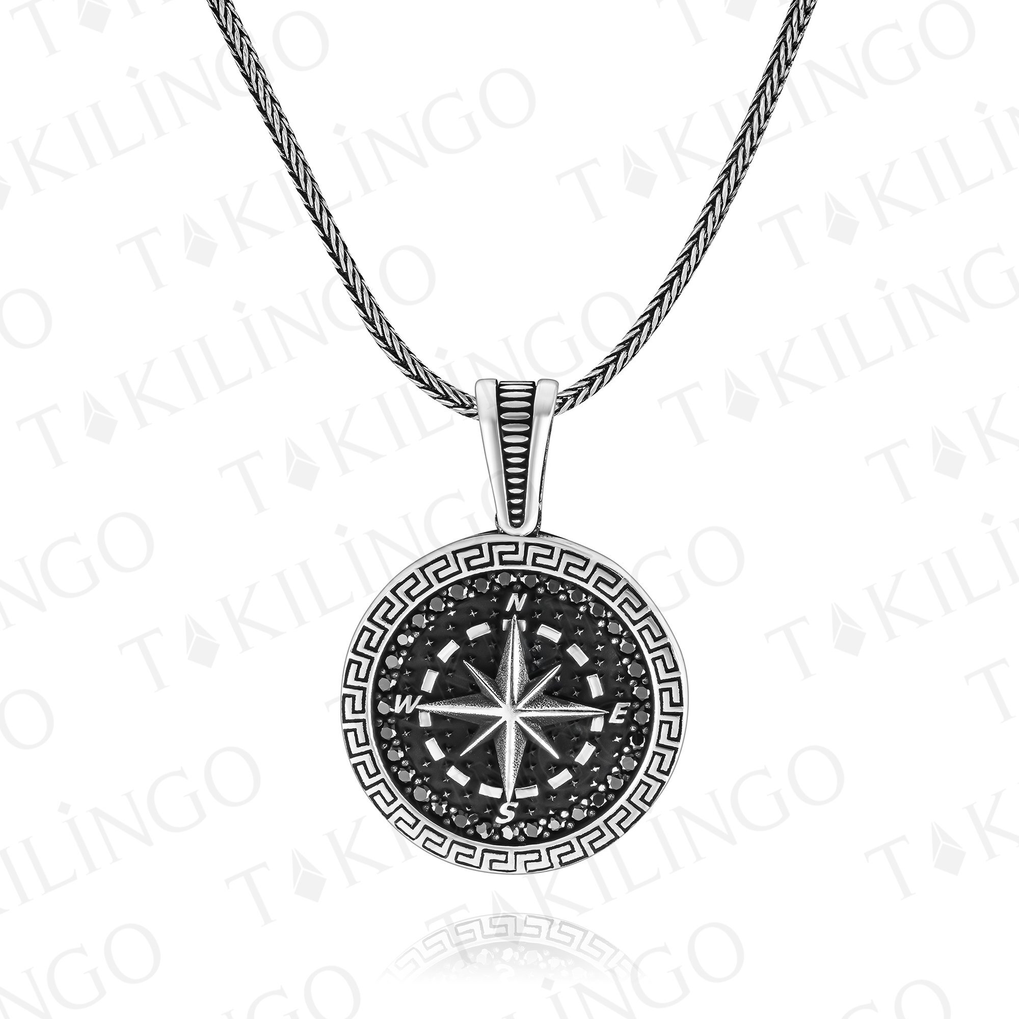925 Ayar Gümüş Mikro Zirkon Taşlı Pusula Motifli Erkek Kolye - 2