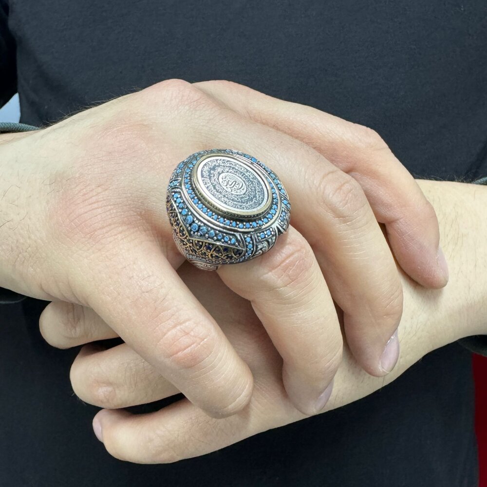 925 Ayar Gümüş Mini Turkuaz Taşlı Ayetel Kürsi İşlemeli Usta İşi Erkek Yüzük - 3