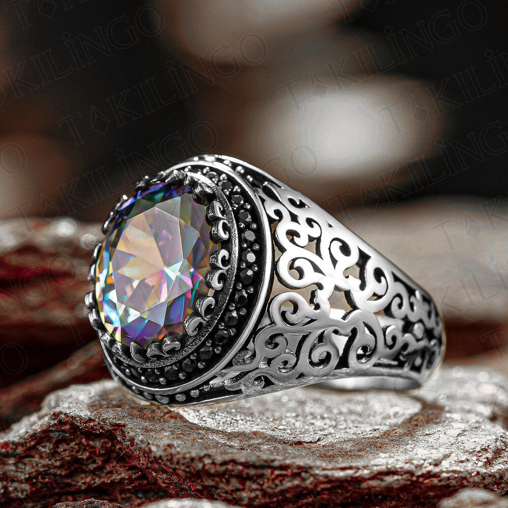 925 Ayar Gümüş Mistik Topaz Taşlı Kenarları Zirkon Taş Detaylı Sade Erkek Yüzük