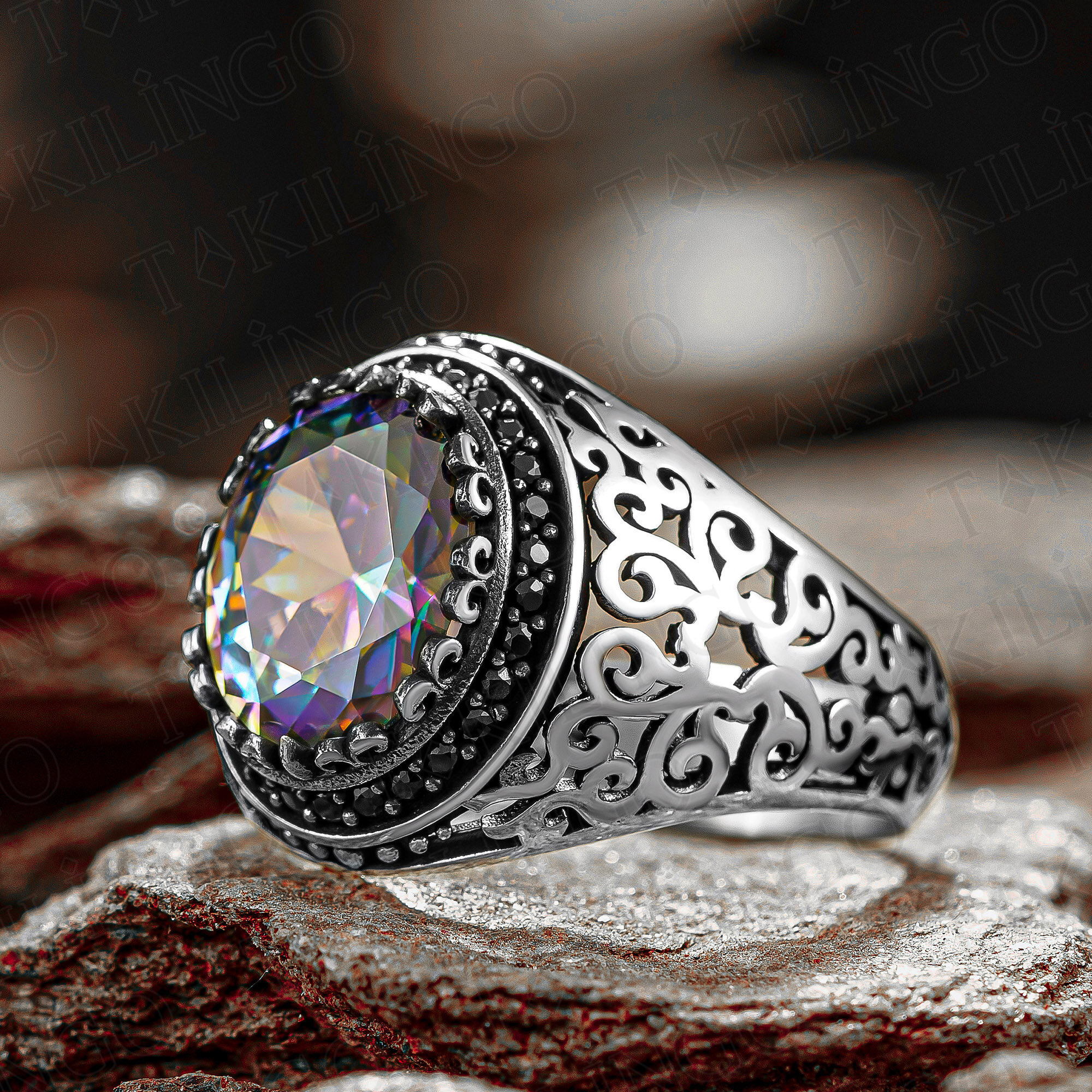 925 Ayar Gümüş Mistik Topaz Taşlı Kenarları Zirkon Taş Detaylı Sade Erkek Yüzük - 1