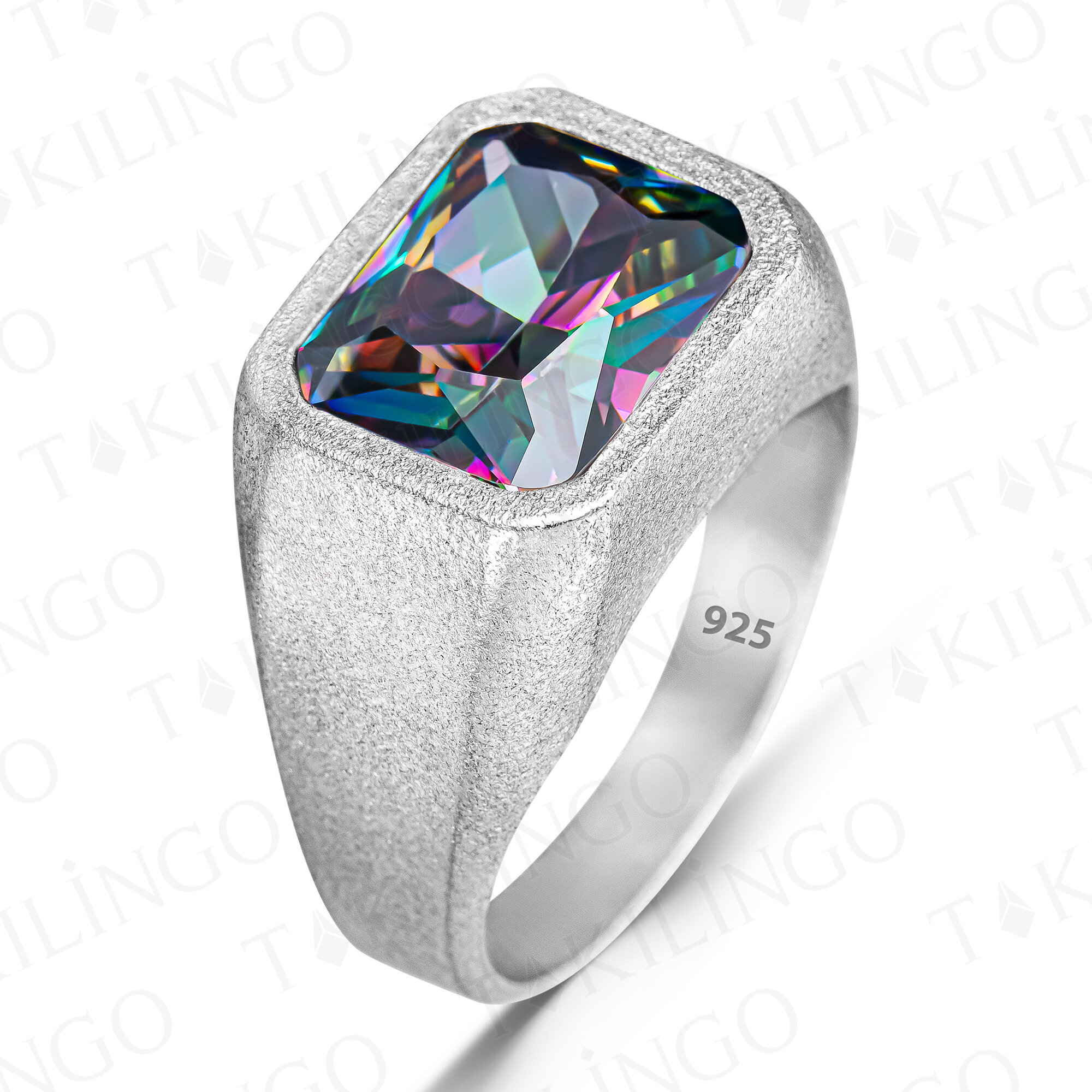 925 Ayar Gümüş Mistik Topaz Taşlı Sade Erkek Yüzük - 2