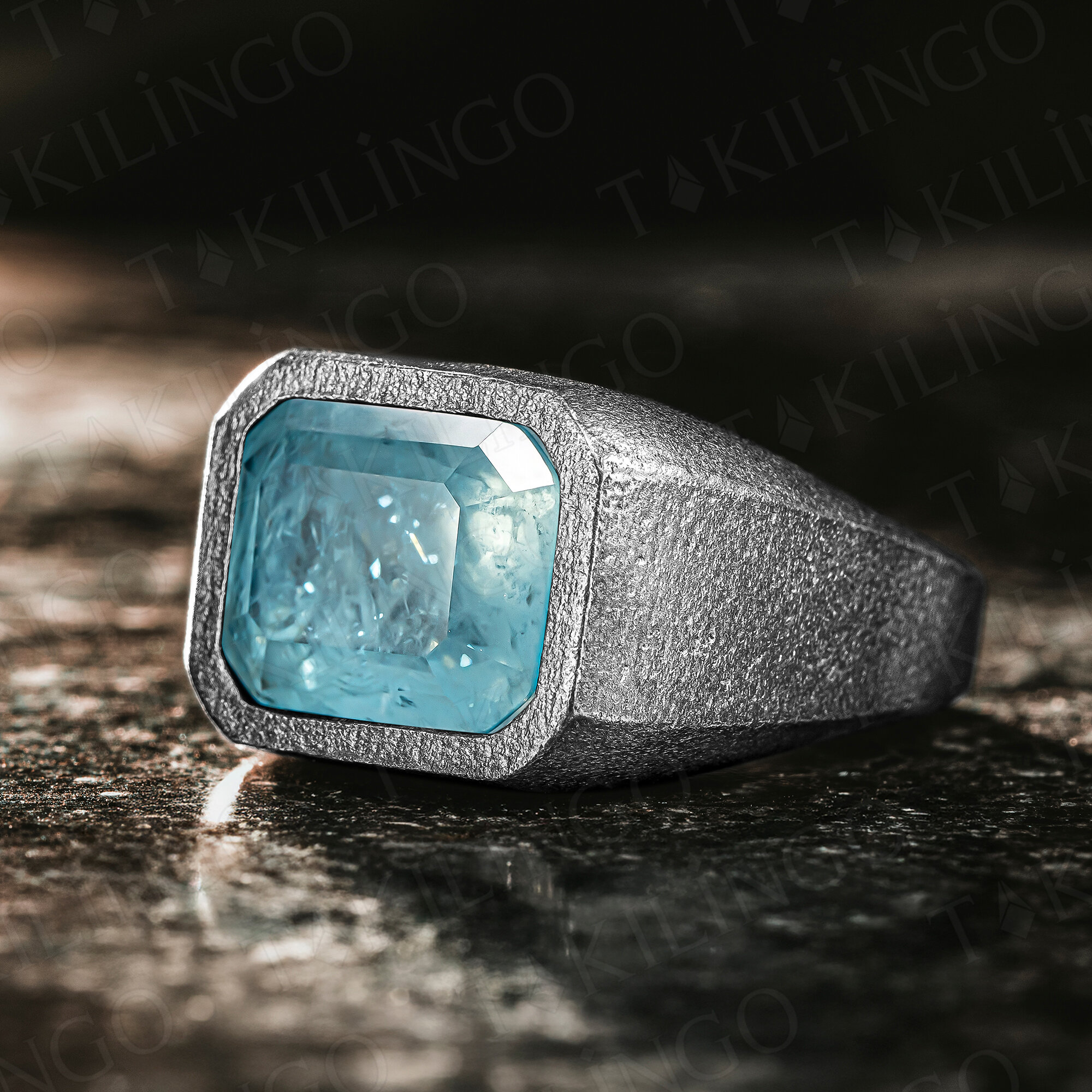 925 Ayar Gümüş Oksitli Mavi Paraiba Taşlı Sade Erkek Yüzük - 1