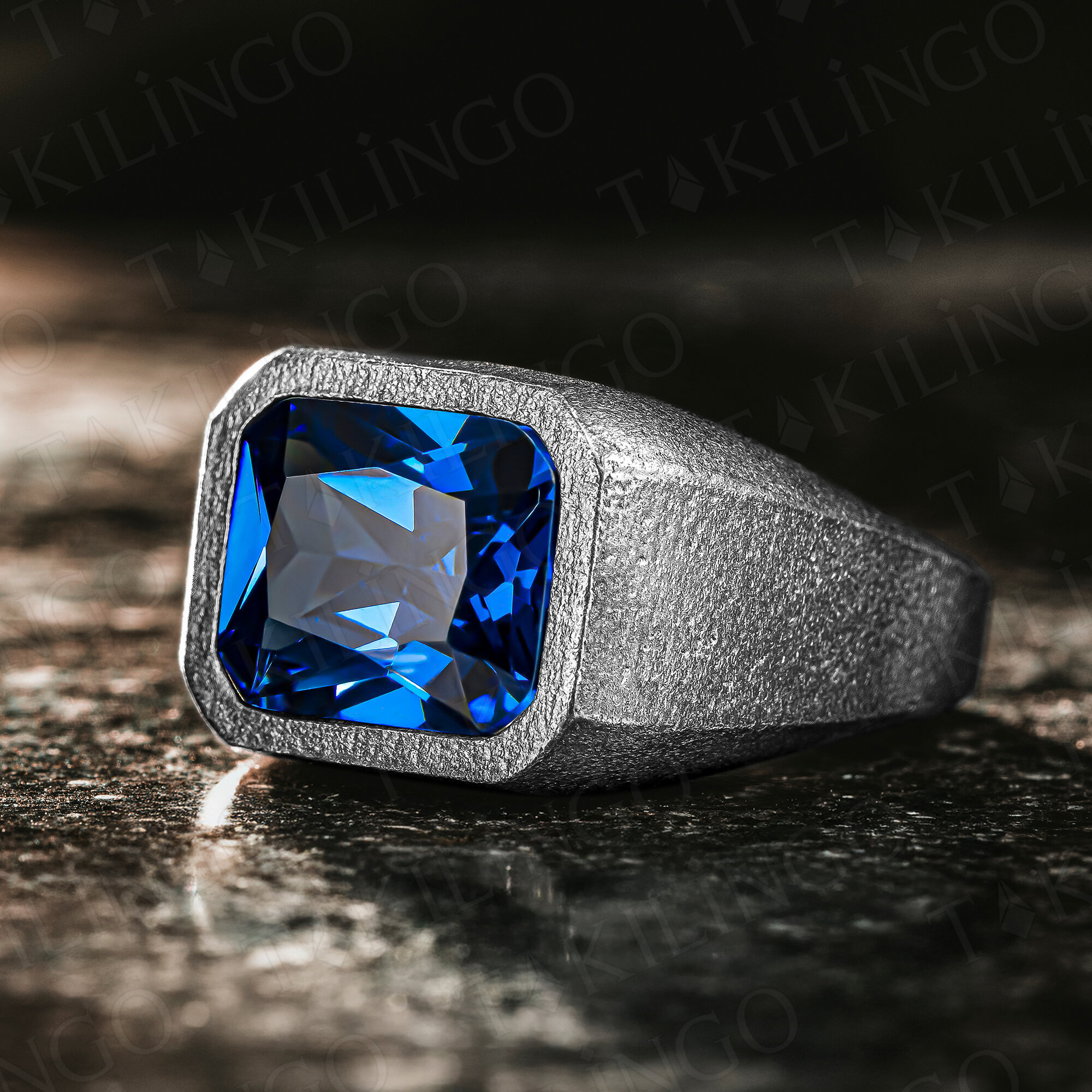 925 Ayar Gümüş Oksitli Mavi Zirkon Taşlı Sade Erkek Yüzük - 1