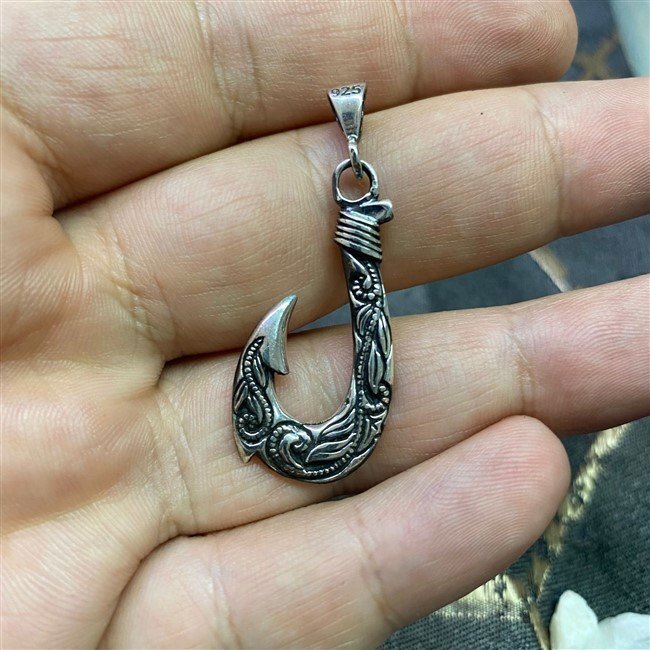 925 Ayar Gümüş Olta Ucu Motifli Denizci Erkek Kolye - 2