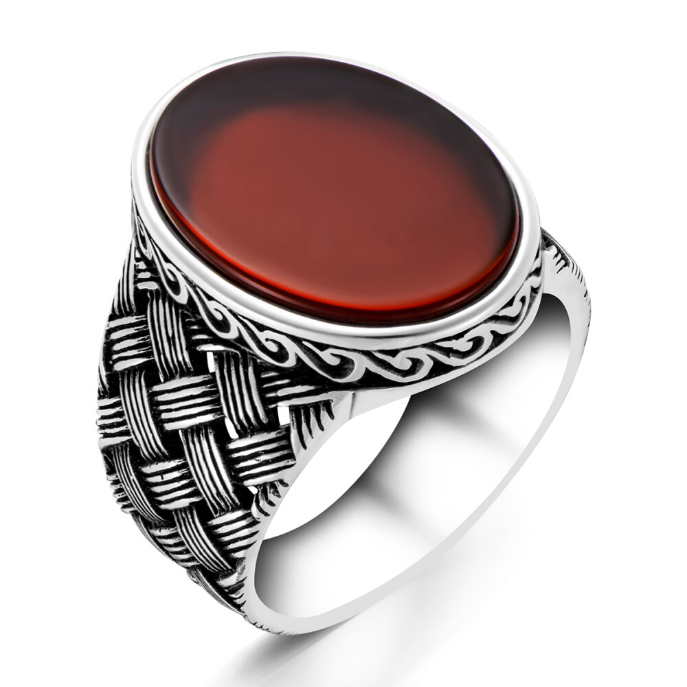 925 Ayar Gümüş Örgü Model Oval Bordo Akik Taşlı Erkek Yüzük - 2