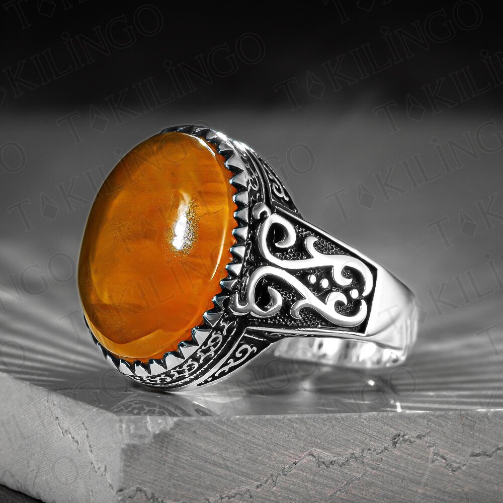 925 Ayar Gümüş Orijinal Kehribar Taşlı Usta İşi Erkek Yüzük