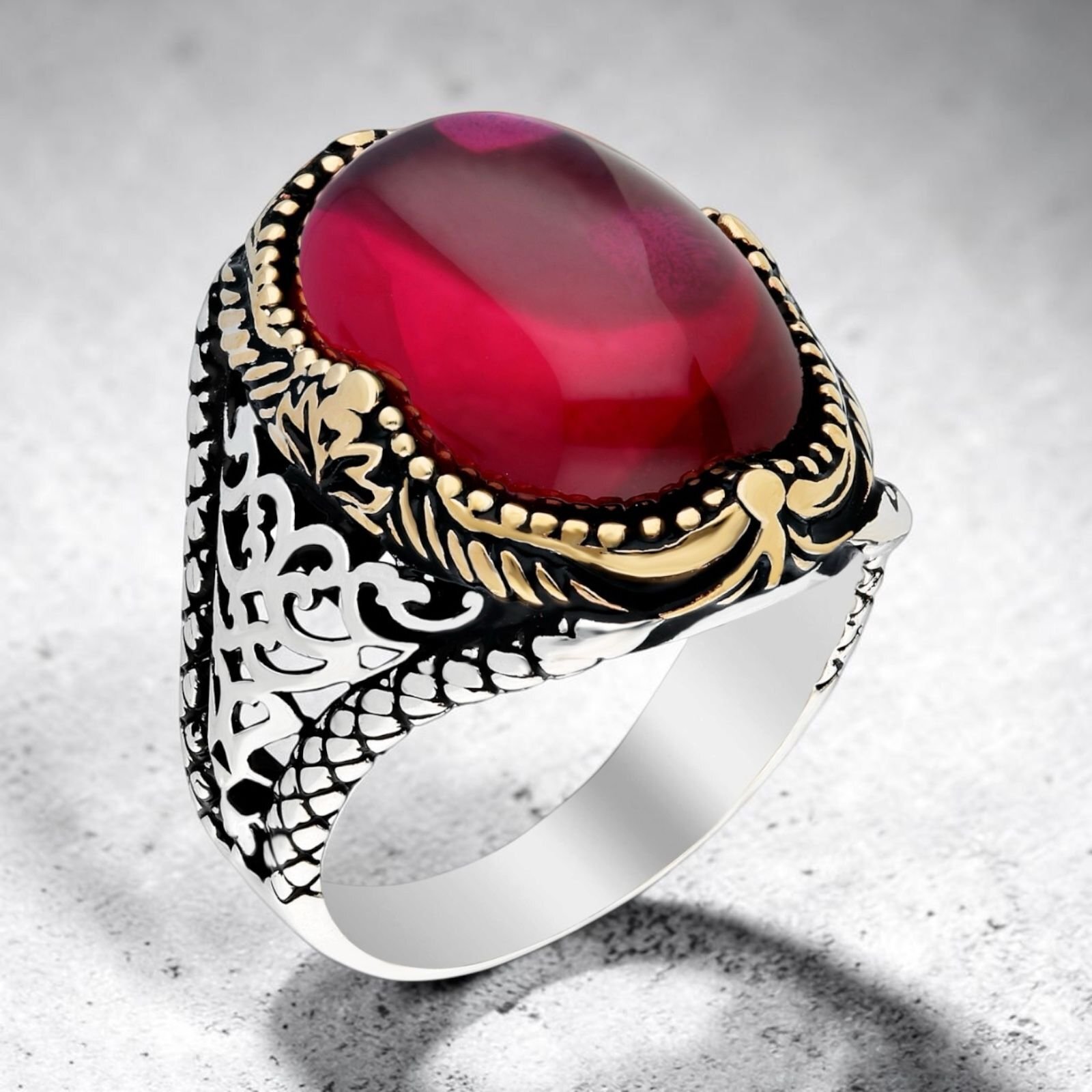 925 Ayar Gümüş Oval Kırmızı Ruby Taşlı Erkek Yüzük - 1
