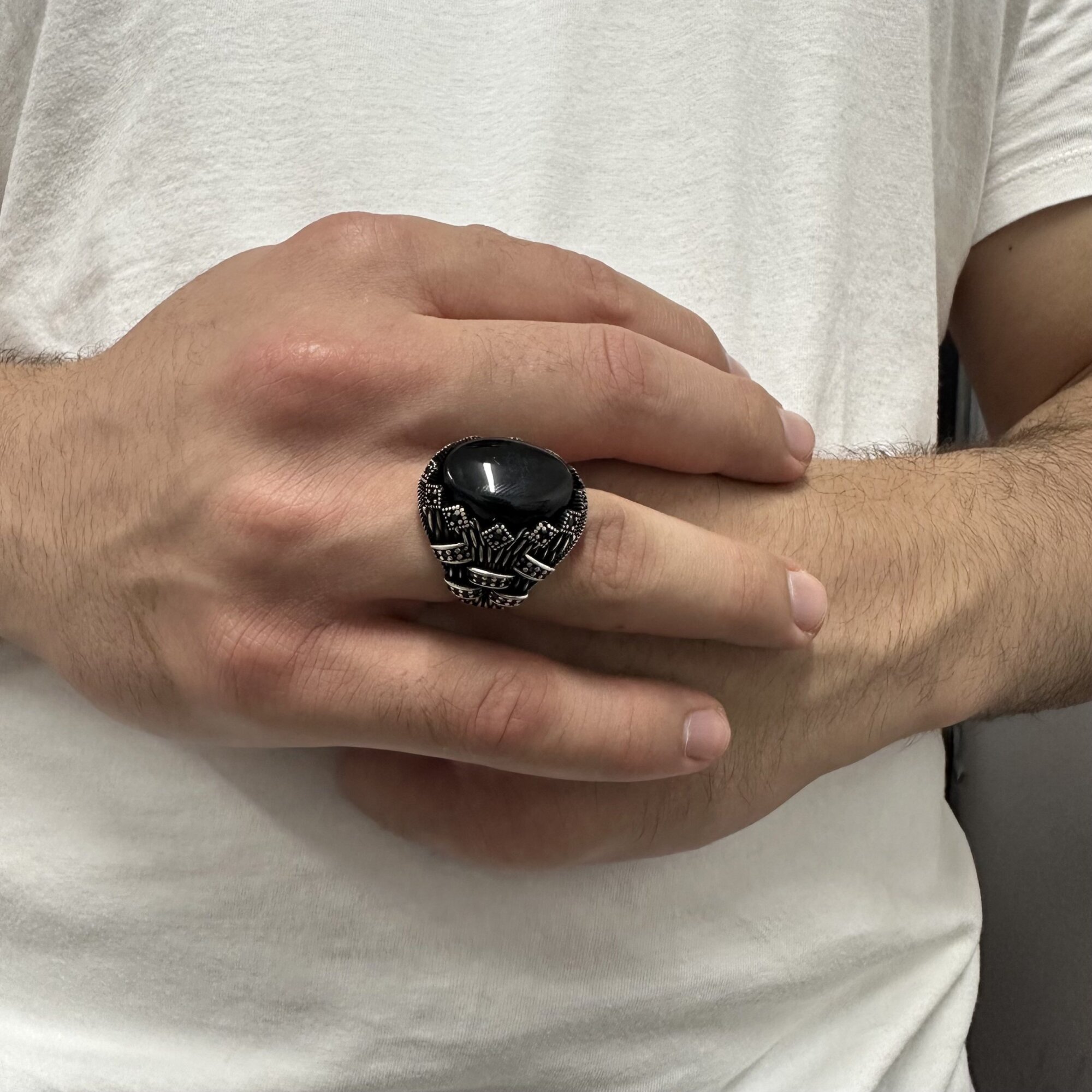 925 Ayar Gümüş Oval Siyah Oniks Taşlı Zirkon Detaylı Erkek Yüzük - 3