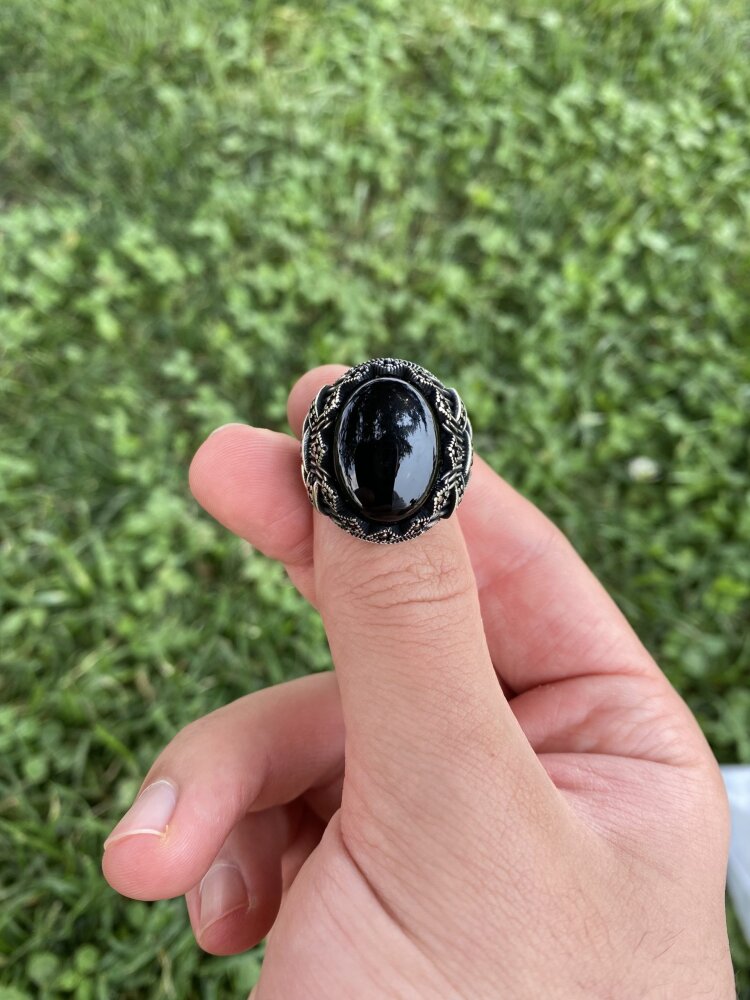 925 Ayar Gümüş Oval Siyah Oniks Taşlı Zirkon Detaylı Erkek Yüzük - 4