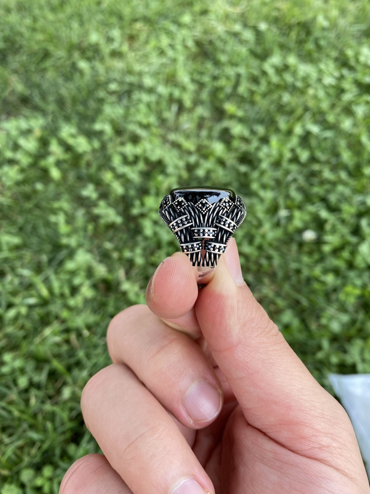 925 Ayar Gümüş Oval Siyah Oniks Taşlı Zirkon Detaylı Erkek Yüzük - 5
