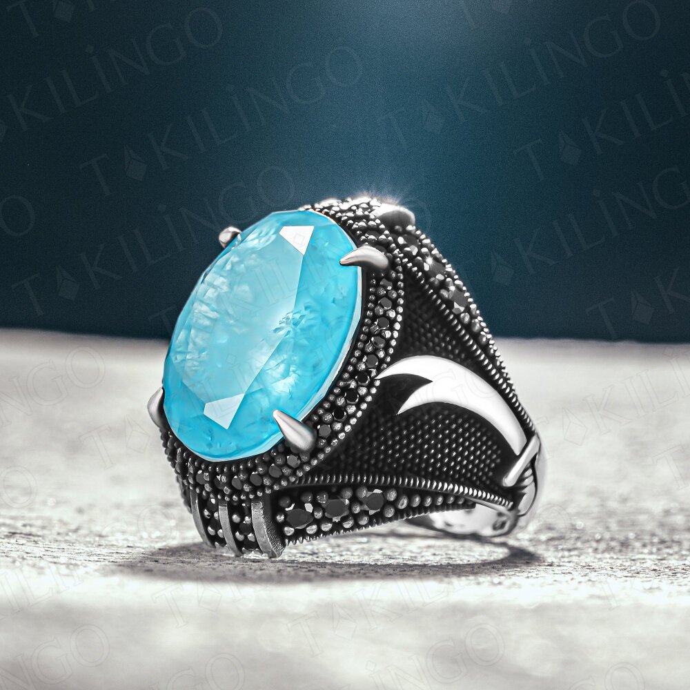 925 Ayar Gümüş Paraiba Taşlı Kılıc Motifli Erkek Yüzük