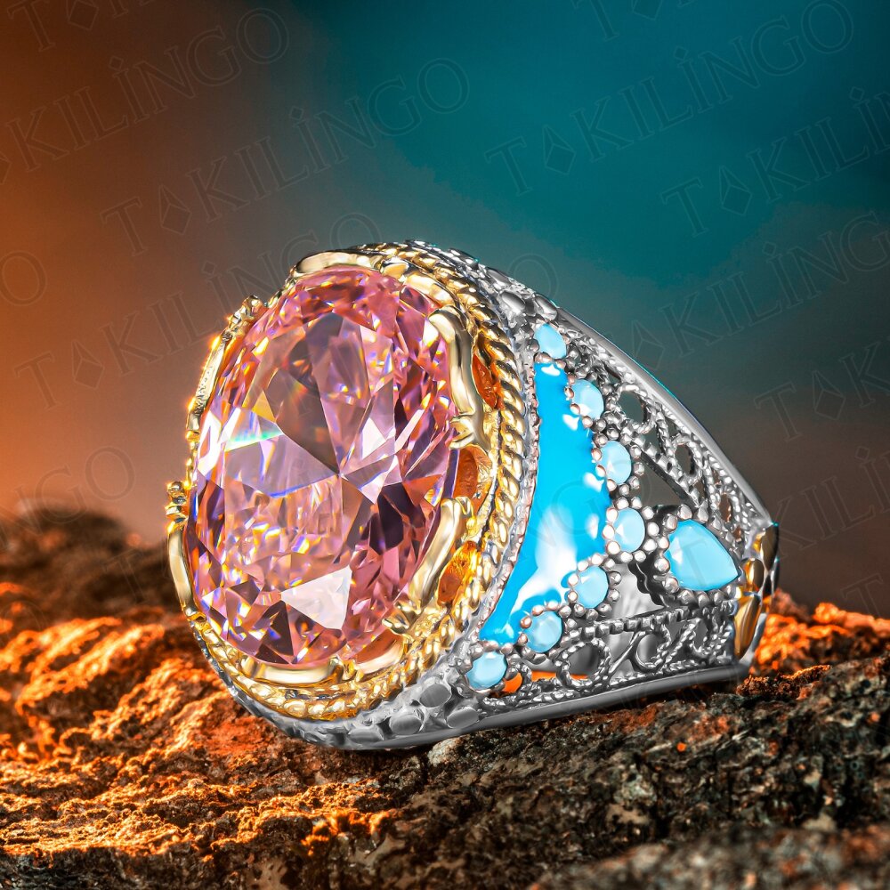 925 Ayar Gümüş Pembe Zirkon Taş Turkuaz Taş Detaylı Usta İşi Erkek Yüzük