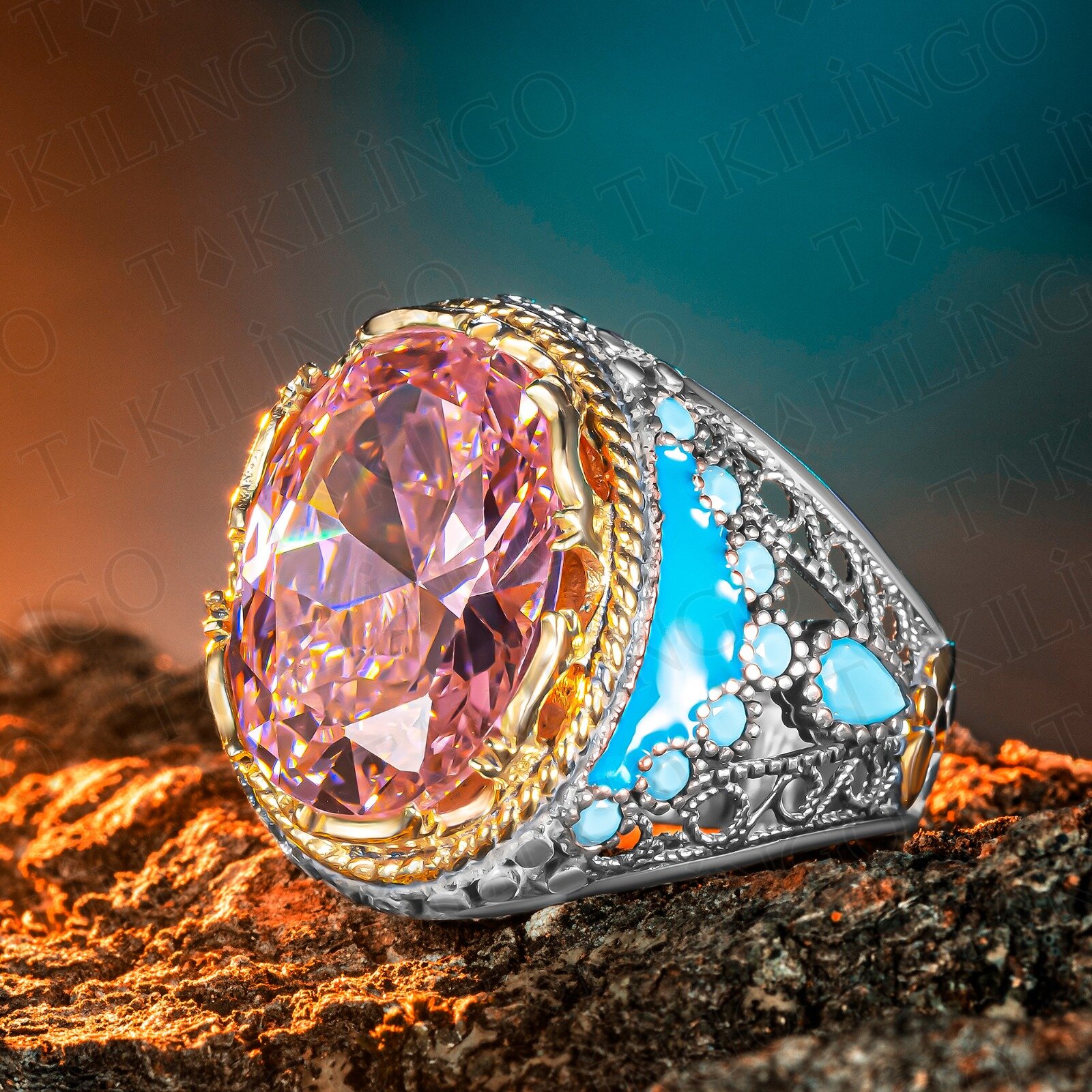 925 Ayar Gümüş Pembe Zirkon Taş Turkuaz Taş Detaylı Usta İşi Erkek Yüzük - 1