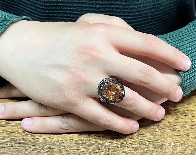 925 Ayar Gümüş Pembe Zirkon Taşlı Oval Usta İşi Erkek Yüzük - 2