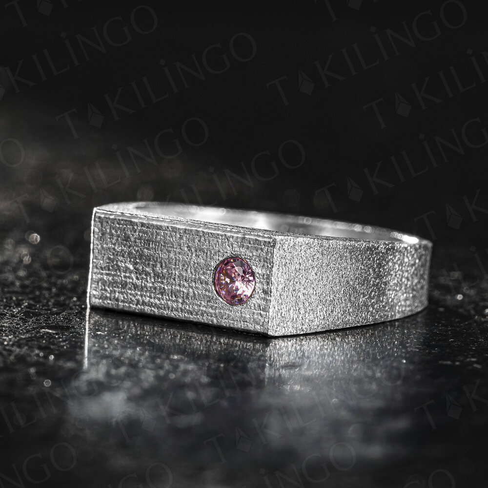 925 Ayar Gümüş Pembe Zirkon Taşlı Sade Erkek Yüzük