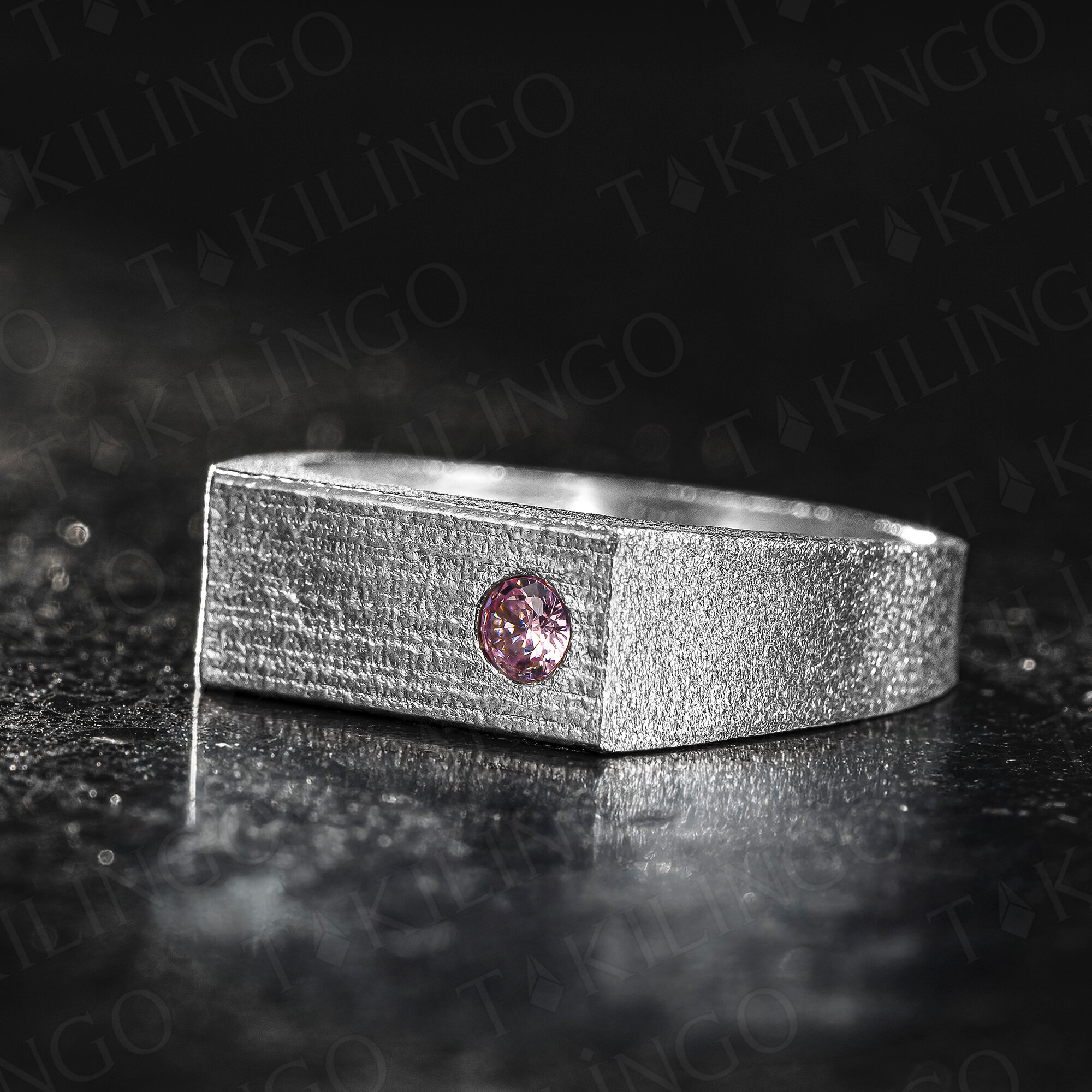 925 Ayar Gümüş Pembe Zirkon Taşlı Sade Erkek Yüzük - 1