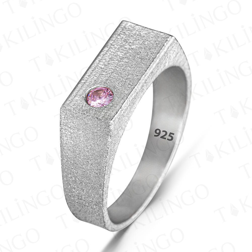 925 Ayar Gümüş Pembe Zirkon Taşlı Sade Erkek Yüzük - 2