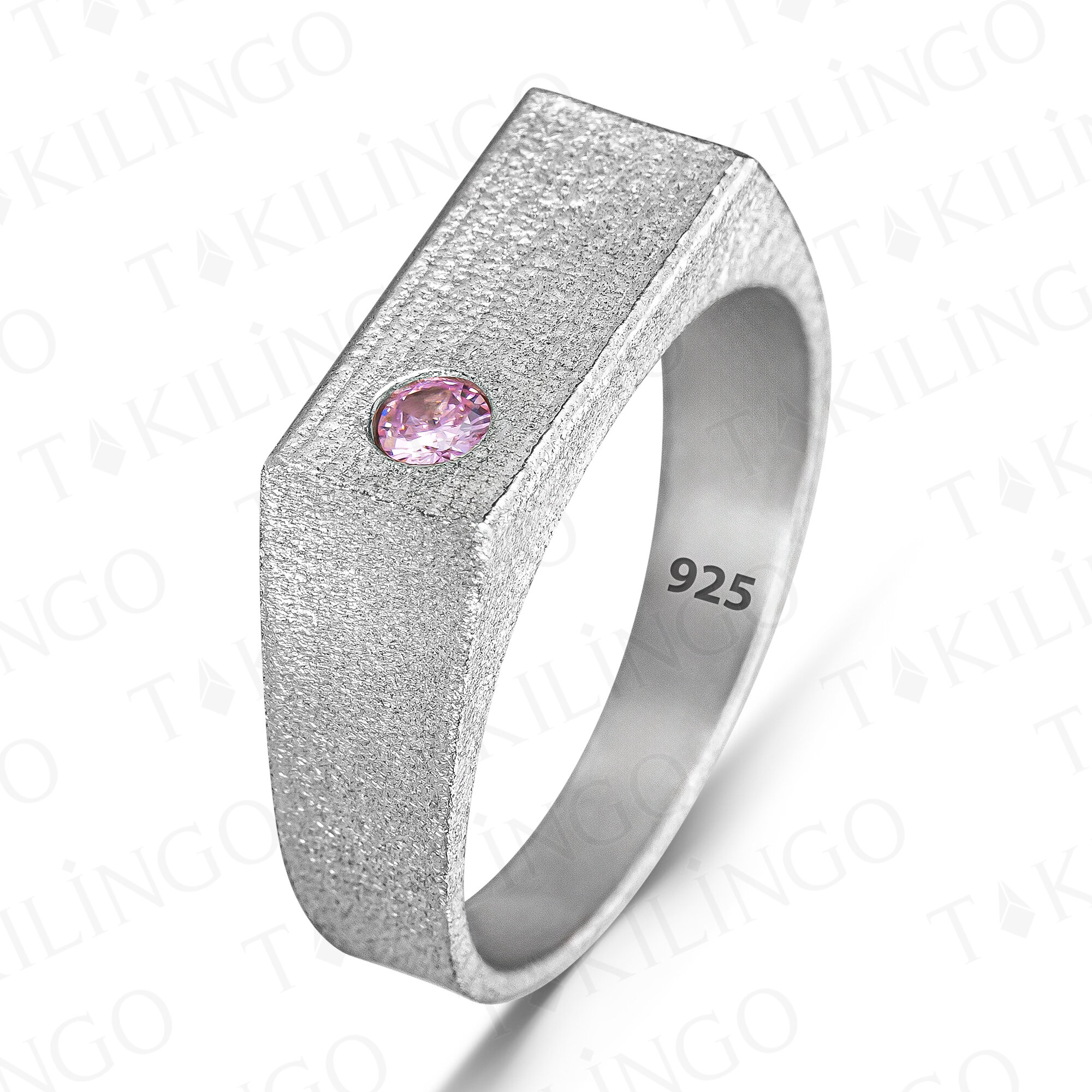 925 Ayar Gümüş Pembe Zirkon Taşlı Sade Erkek Yüzük - 2