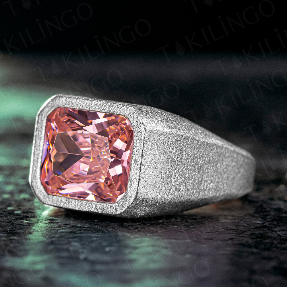 925 Ayar Gümüş Pembe Zirkon Taşlı Sade Erkek Yüzük