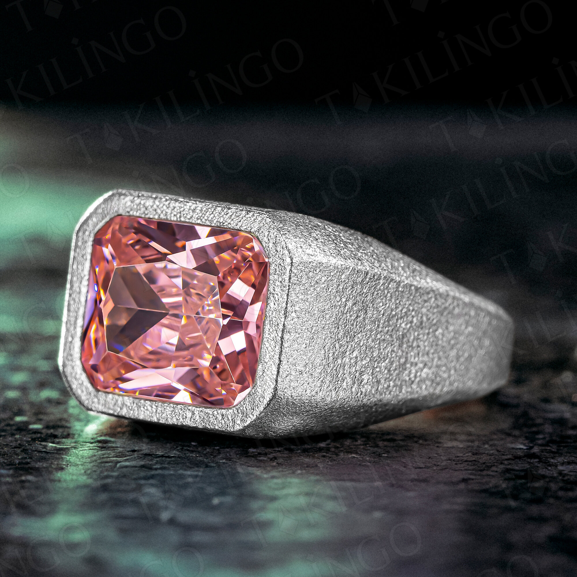 925 Ayar Gümüş Pembe Zirkon Taşlı Sade Erkek Yüzük - 1