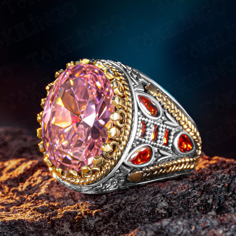 925 Ayar Gümüş Pembe Zirkon Taşlı Usta İşi Erkek Yüzük