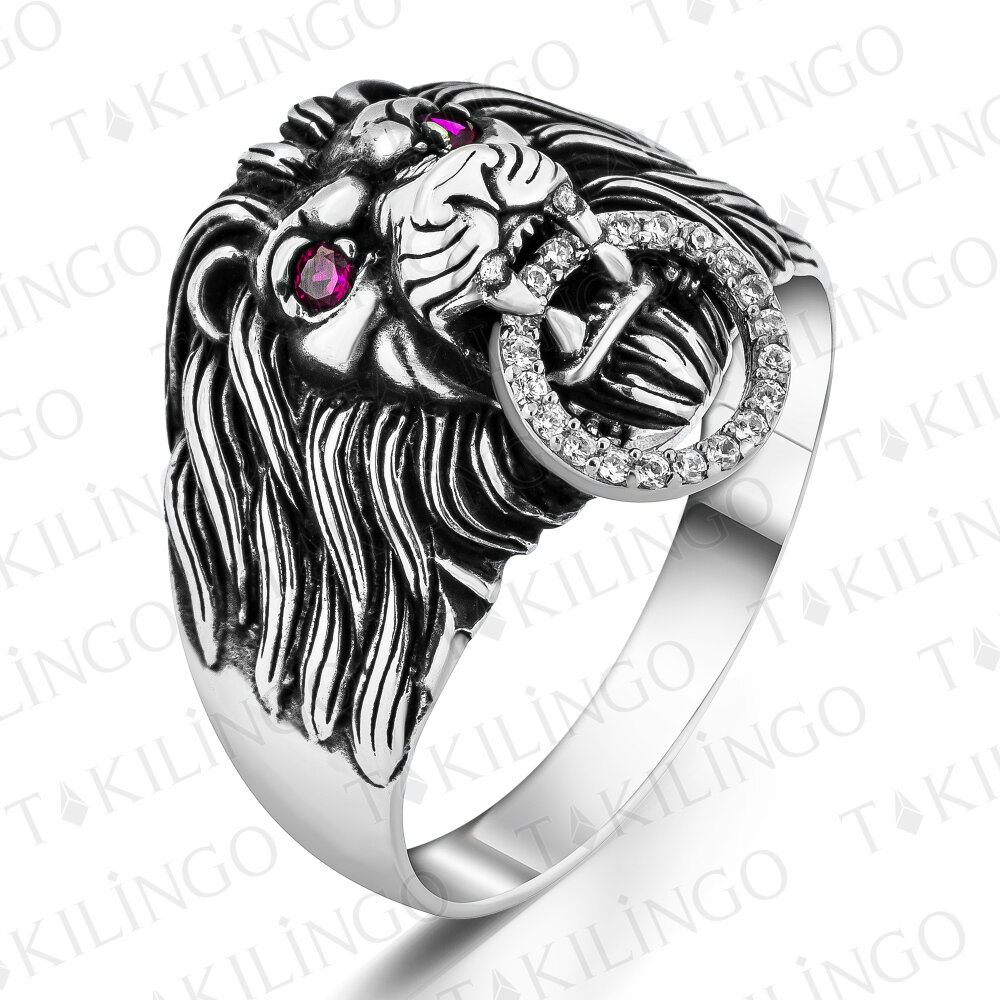 925 Ayar Gümüş Ruby Taşlı 3D Aslan Motifli Kapı Tokmağı Tasarımlı Erkek Yüzük