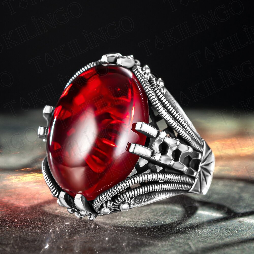925 Ayar Gümüş Ruby Taşlı Sade Motifli Erkek Yüzük