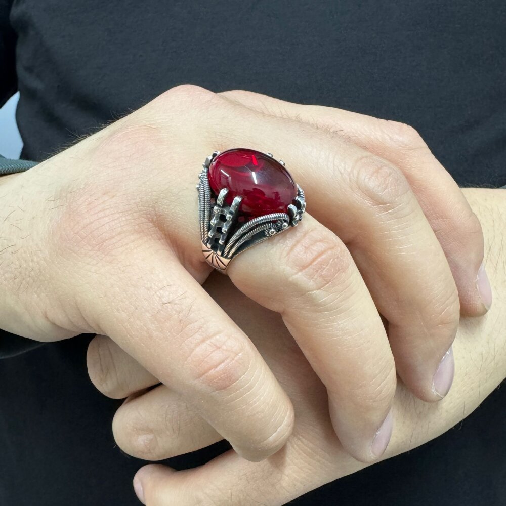 925 Ayar Gümüş Ruby Taşlı Sade Motifli Erkek Yüzük - 3