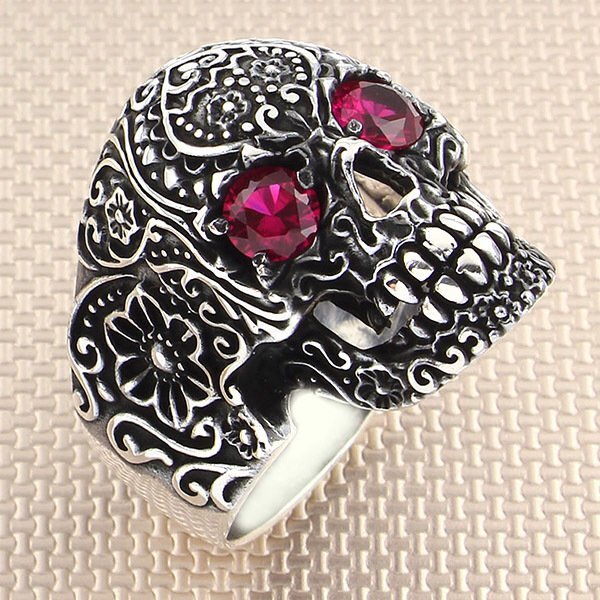 925 Ayar Gümüş Ruby Yakut Taşlı Kuru Kafa Motifli Gothik Tasarım Taşsız Erkek Yüzük