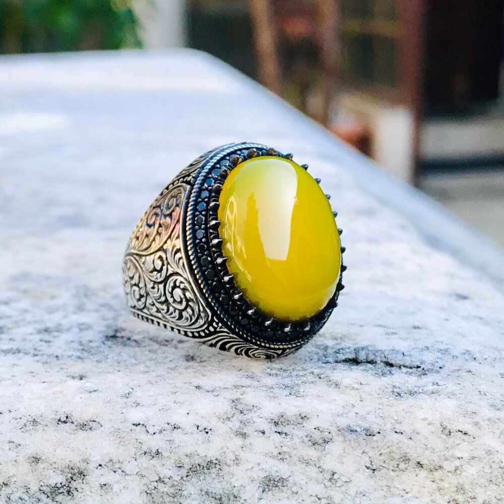 925 Ayar Gümüş Sarı Akik Taşlı Usta İşi Kalem Motifli Erkek Yüzük - 13