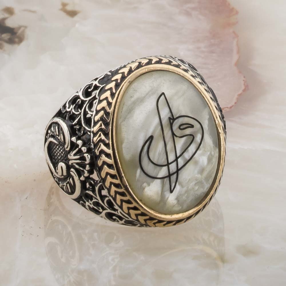 925 Ayar Gümüş Sedef Taşlı Elif Vav Model Erkek Yüzük - 13