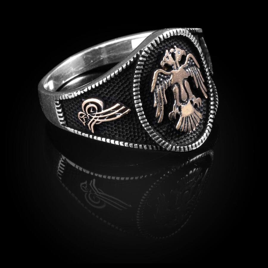 925 Ayar Gümüş Siyah Çift Kartal Başlı Yanları Tuğra Motifli Elips Model Taşsız Erkek Yüzük - 19