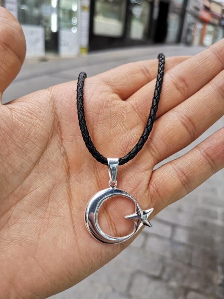 925 Ayar Gümüş Siyah Deri Zincirli Ayyıldız Tasarım Erkek Kolye