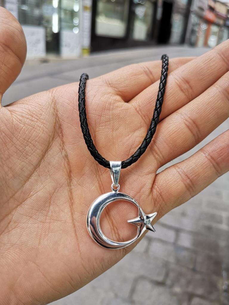 925 Ayar Gümüş Siyah Deri Zincirli Ayyıldız Tasarım Erkek Kolye - 1