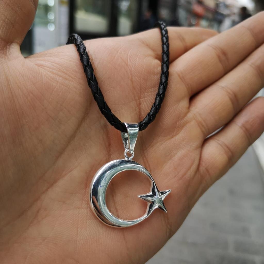 925 Ayar Gümüş Siyah Deri Zincirli Ayyıldız Tasarım Erkek Kolye - 2