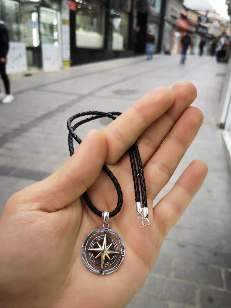 925 Ayar Gümüş Siyah Deri Zincirli Pusula Tasarım Erkek Kolye - 1