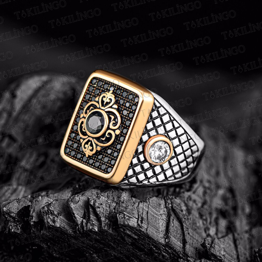 925 Ayar Gümüş Siyah Mikro Zirkon Taşlı Vintage Butik Usta İşi Erkek Yüzük