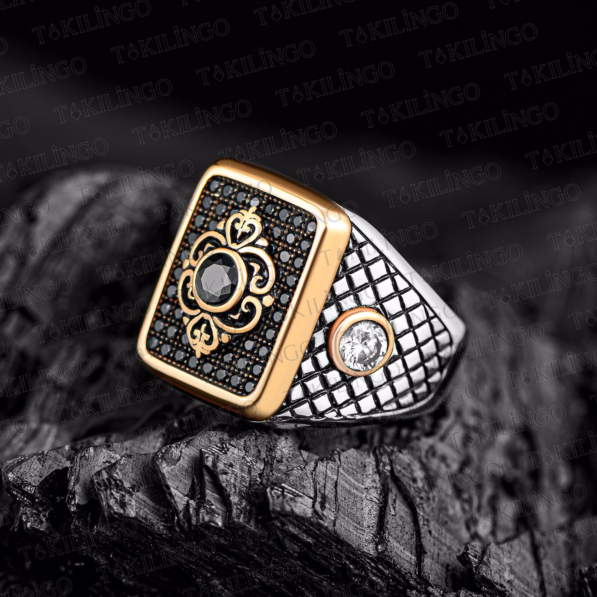 925 Ayar Gümüş Siyah Mikro Zirkon Taşlı Vintage Butik Usta İşi Erkek Yüzük - 1