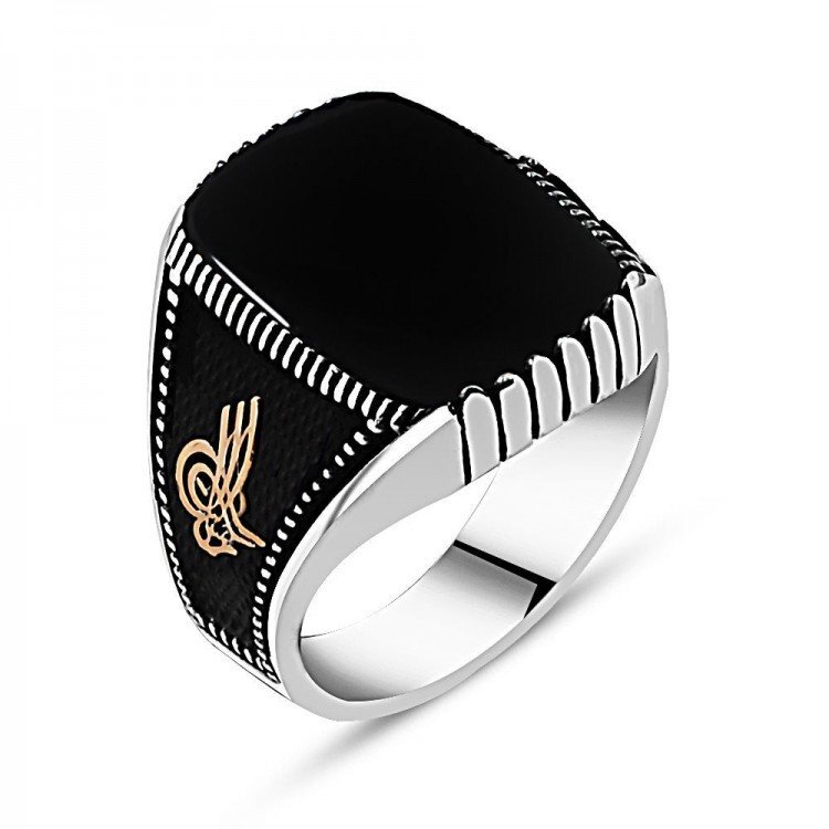 925 Ayar Gümüş Siyah Oniks Taşlı Tuğra Model Erkek Yüzük