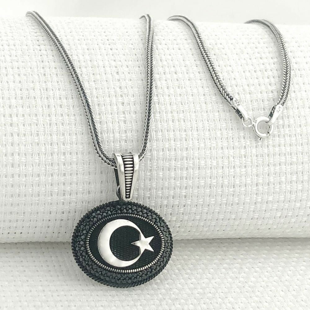 925 Ayar Gümüş Siyah Taşlı Ayyıldız Erkek Kolye - 1